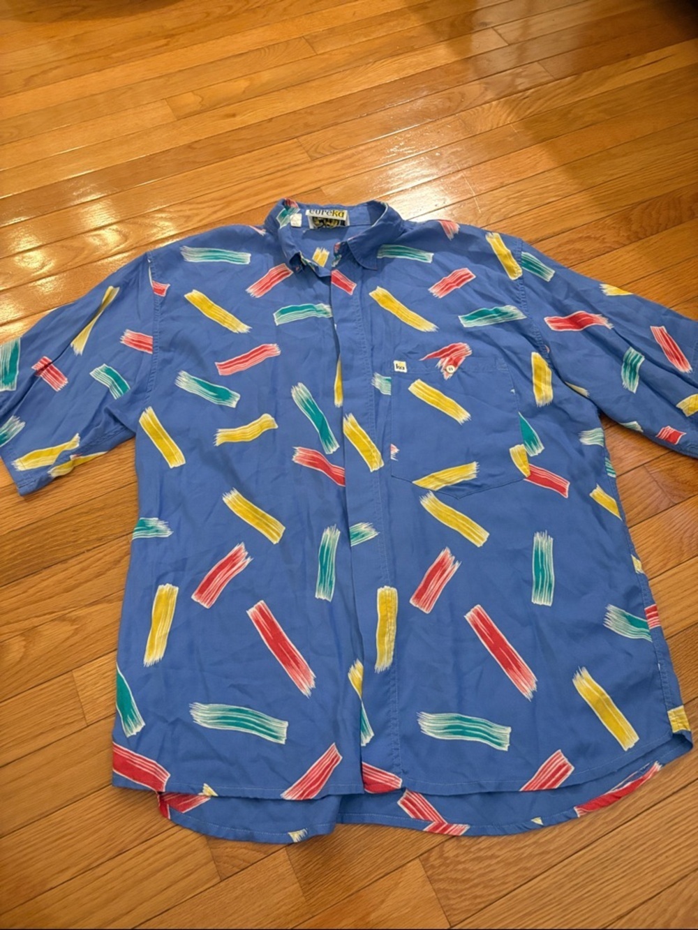 Eureka Blue Short-Sleeve Button-Down with Multicolor Brushstroke Print